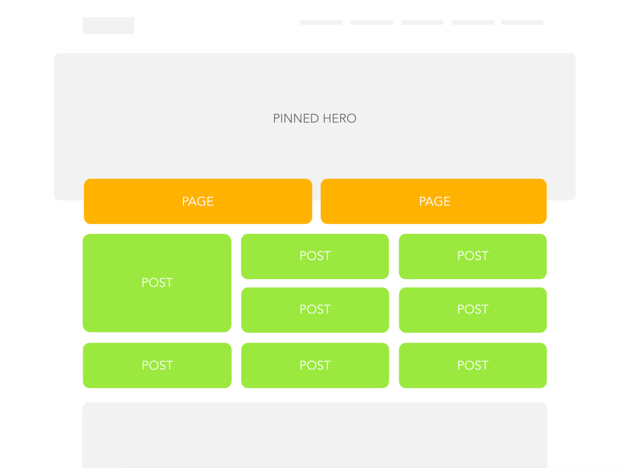 Maido pinned section with a hero item, two pages, and eight posts